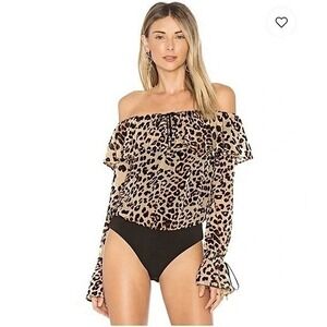 House of Harlow 1960 x Revolve Leopard Satin Off Shoulder Vada Bodysuit S
